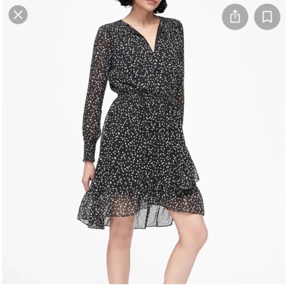 Banana Republic Smocked Mini Dress in Black Polka Dot